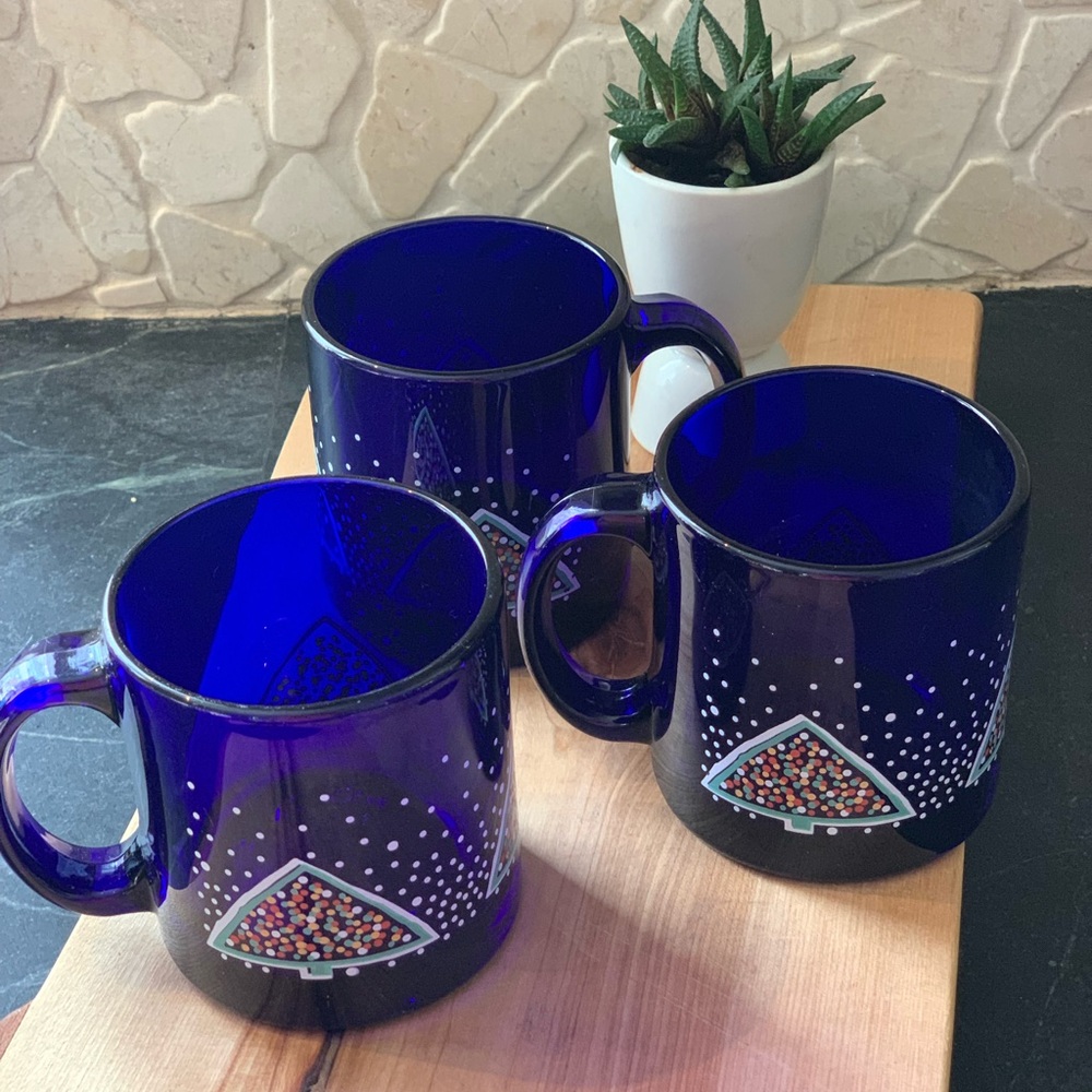 VINTAGE LIBBEY | Set of 3  | Cobalt Blue Glass Christmas Tree Mugs